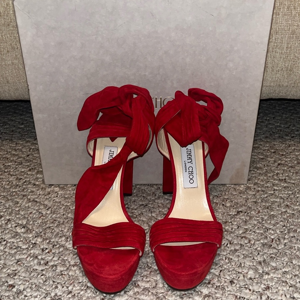 Jimmy Choo,  red, soft suede, open toe wrap heels